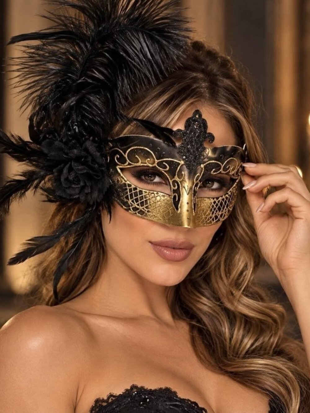 Black Gold Venetian Masquerade Mask w/ Feathers – Elegant Costume Mask